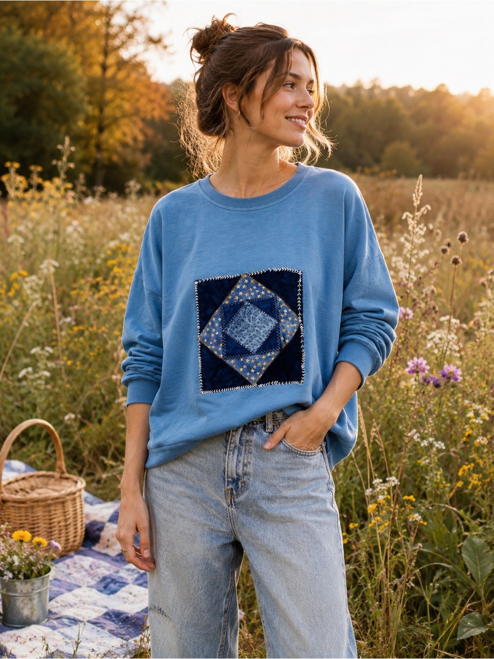 Handmade Patchwork Quilt Sweatshirt Blue Cottagecore Oversized Pullover